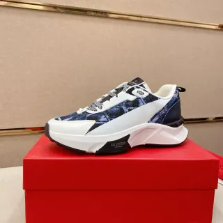 Valentino Runner White Navy Sculpted Sole Mixed Textile And Leather Upper Chunky Sneakers