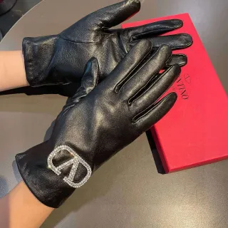 Valentino VLogo Crystal-Embellished Black Leather Gloves