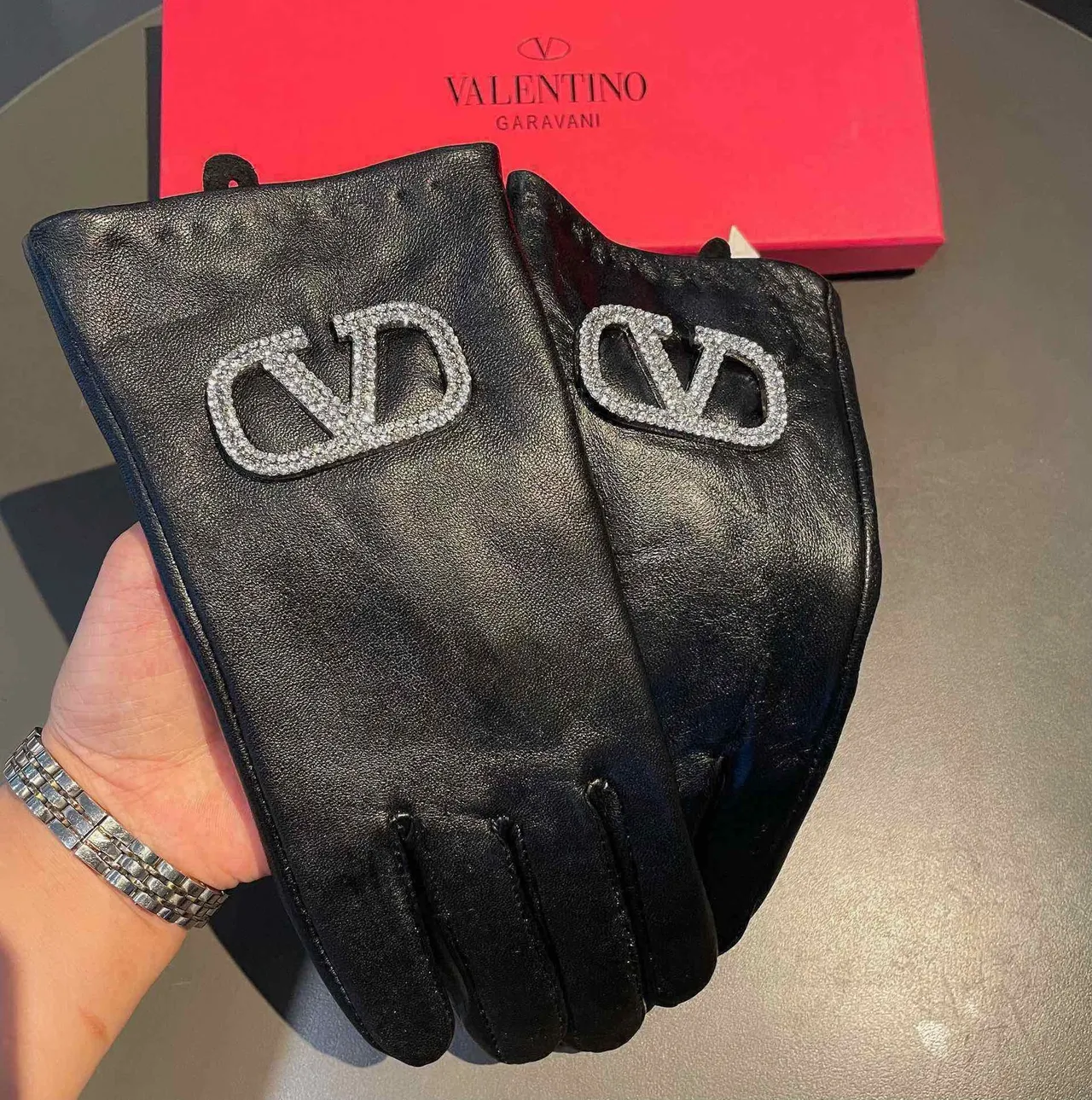 Valentino VLogo Crystal-Embellished Black Leather Gloves 5