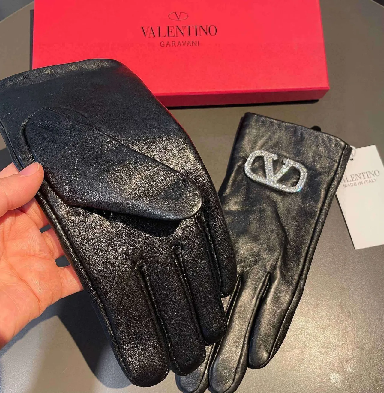 Valentino VLogo Crystal-Embellished Black Leather Gloves 9