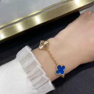 Van Cleef & Arpels Alhambra Two Motifs Gold and Blue Enamel Bracelet