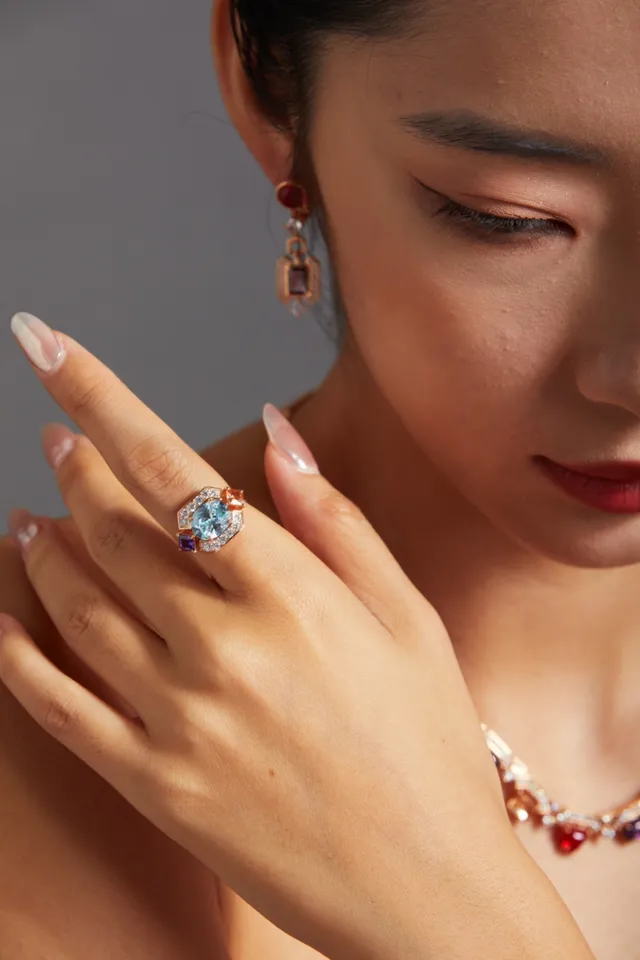 Van Cleef & Arpels Blue Purple Geometric Halo Multi-Gem Ring 8