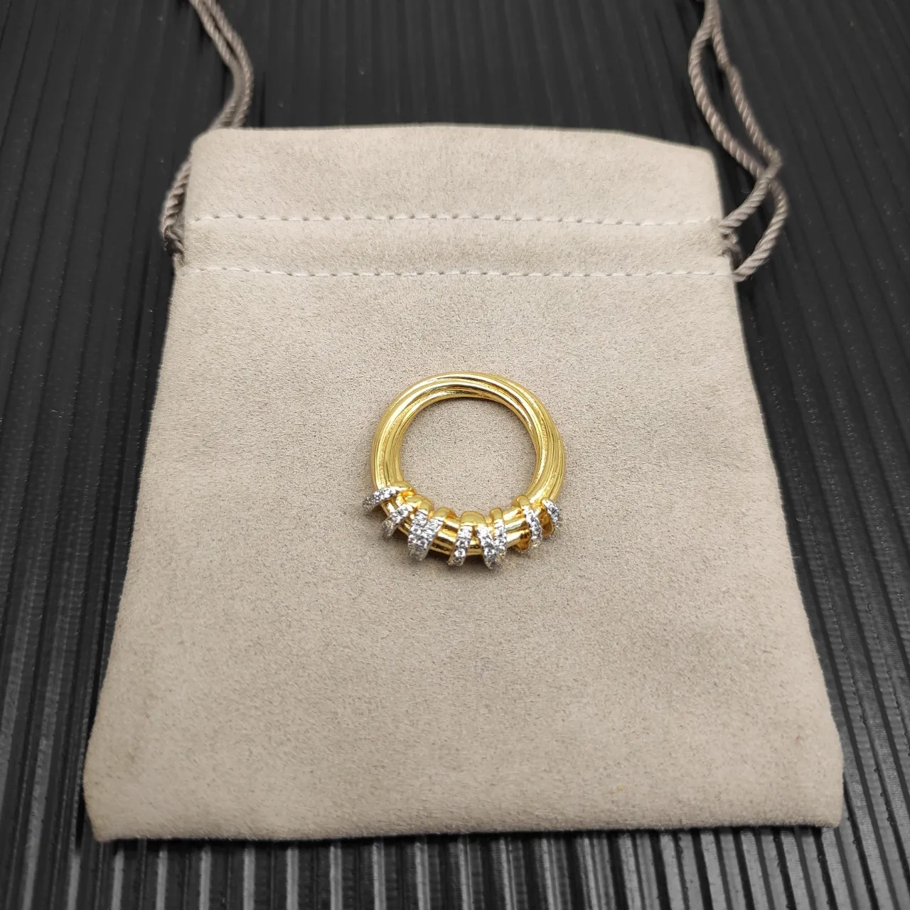 Van Cleef & Arpels Multi-Band Pavé Diamond Ribbed Gold Ring 8
