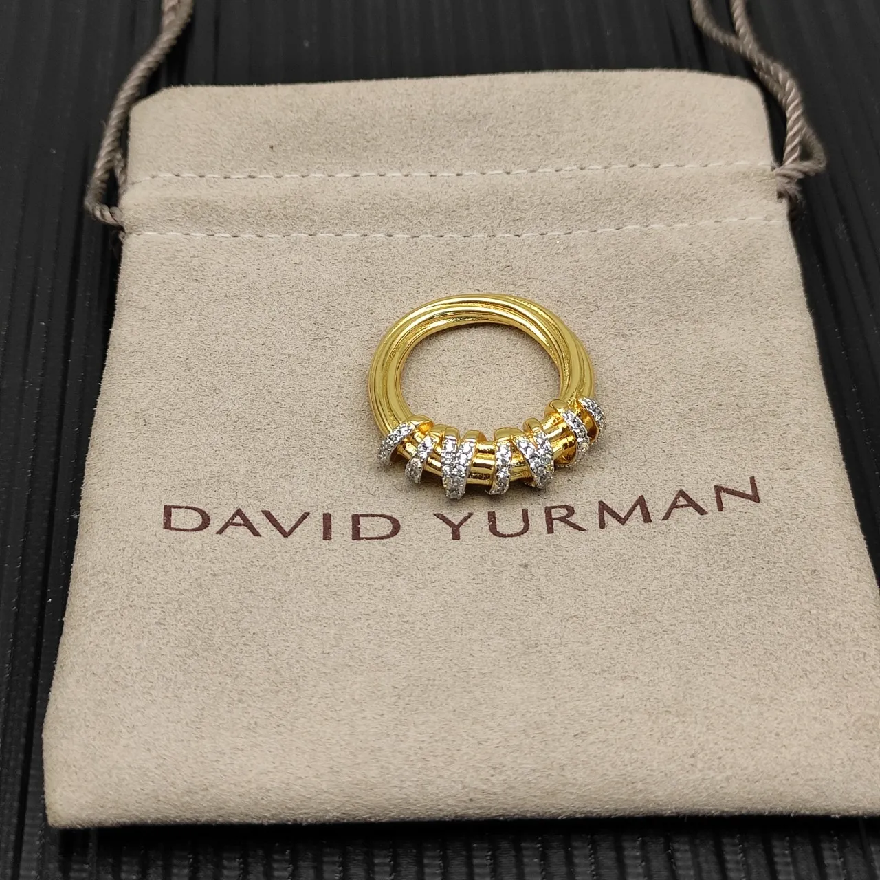 Van Cleef & Arpels Multi-Band Pavé Diamond Ribbed Gold Ring 9
