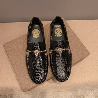 Versace Mocasín Negro Dorado Cuero Croc-Embossed Medusa Horsebit Hardware