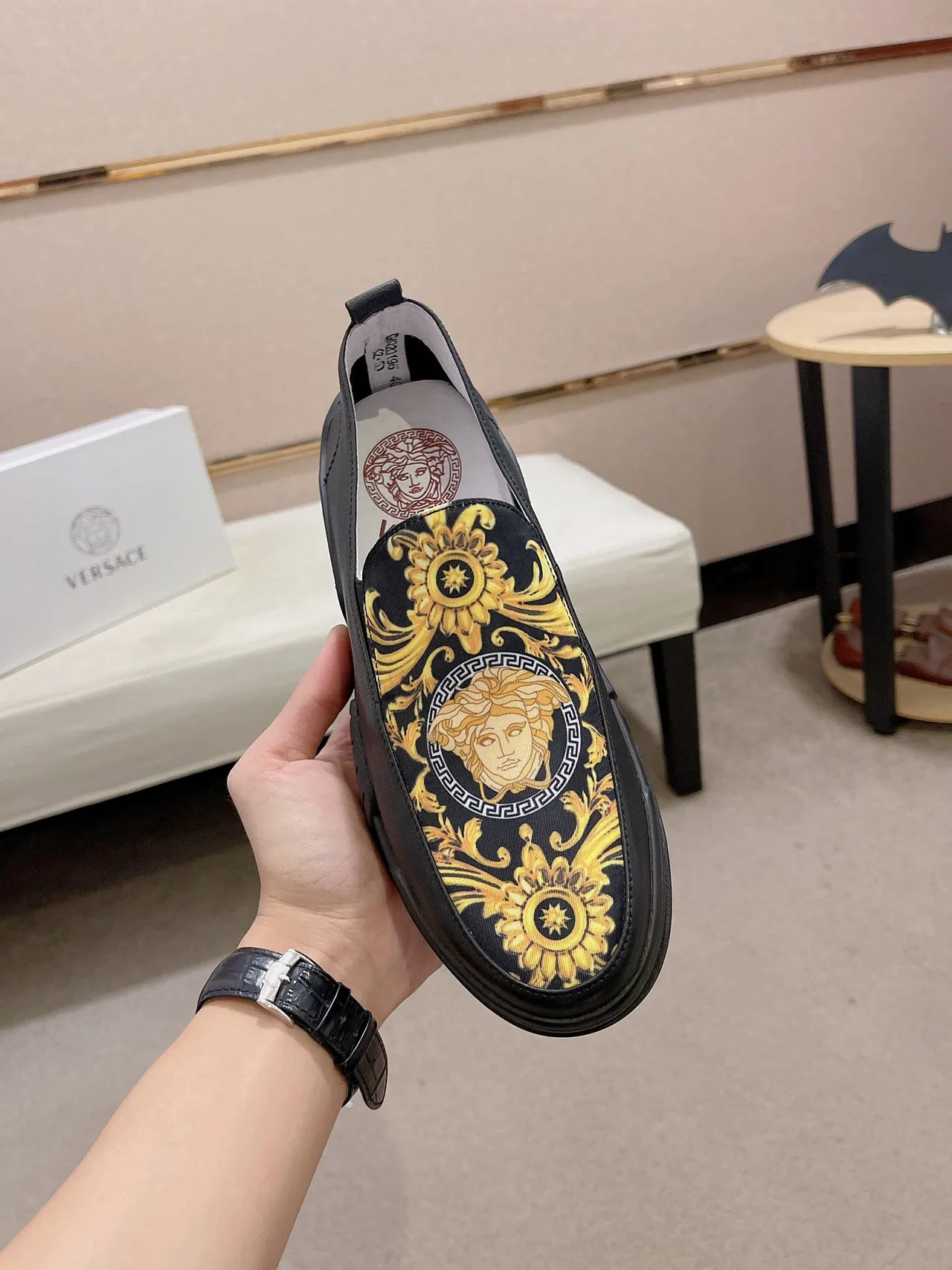 Versace Chain Reaction Noir Or Impression Baroque Vamp Semelle Épaisse Sculptée Loafer 9