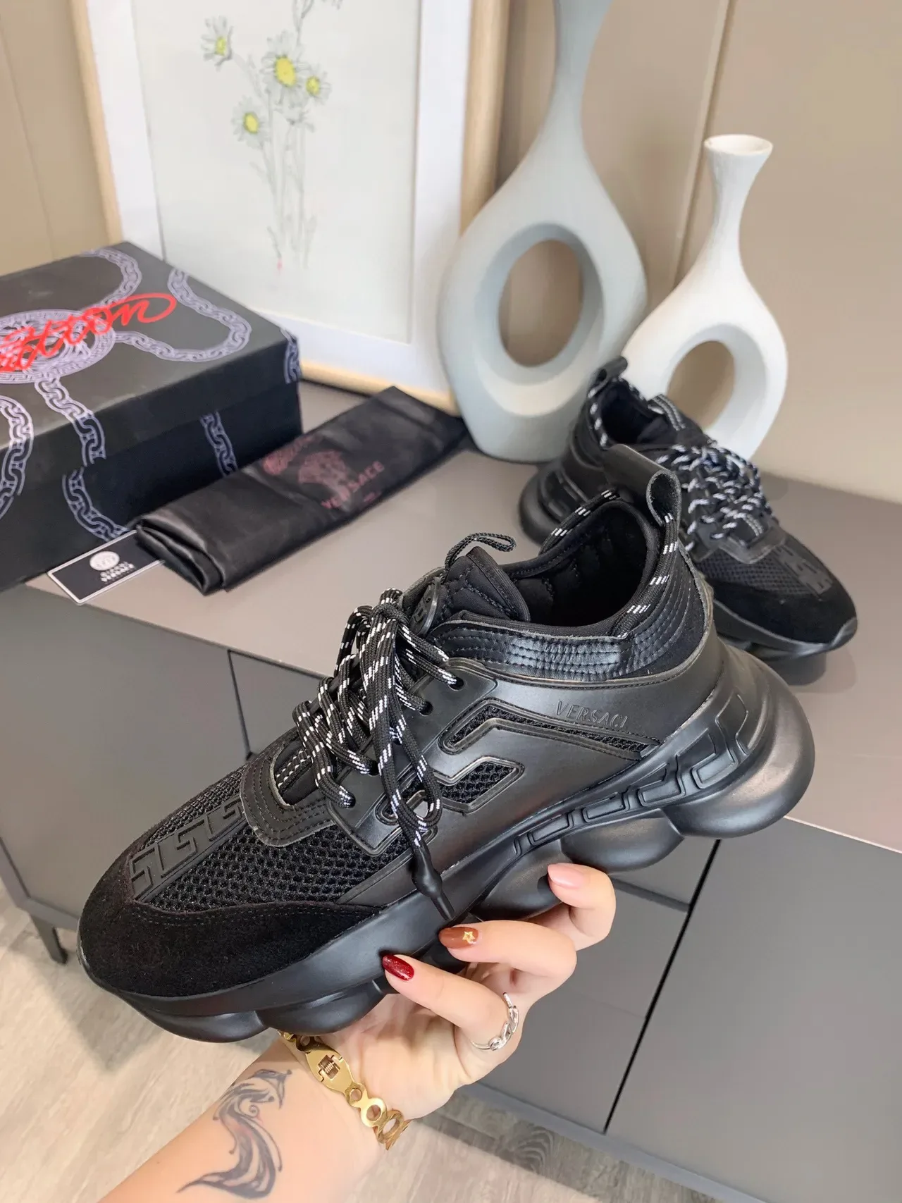Versace Chain Reaction Black Mesh and Suede Chunky Sneakers 7