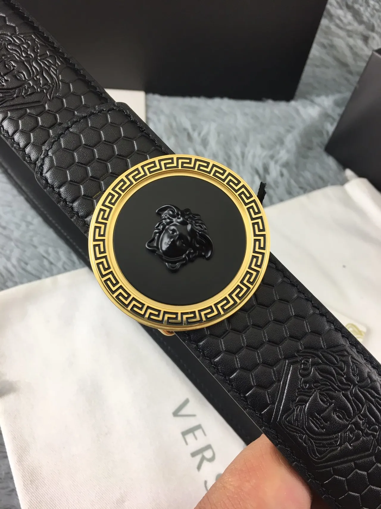 Versace Greca Odissea Black Hexagonal Embossed Leather Belt 2