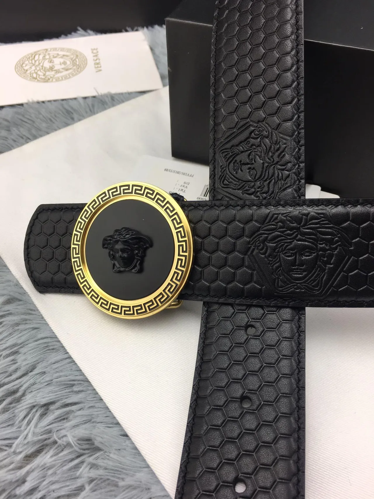 Versace Greca Odissea Black Hexagonal Embossed Leather Belt 3