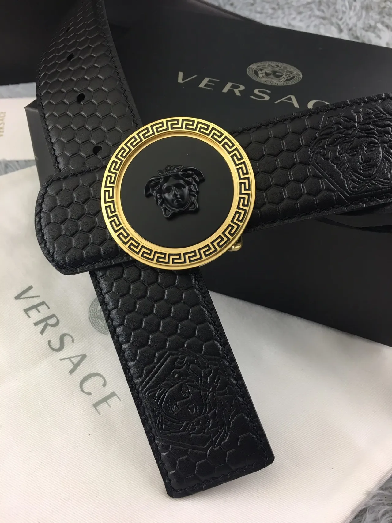 Versace Greca Odissea Black Hexagonal Embossed Leather Belt 4