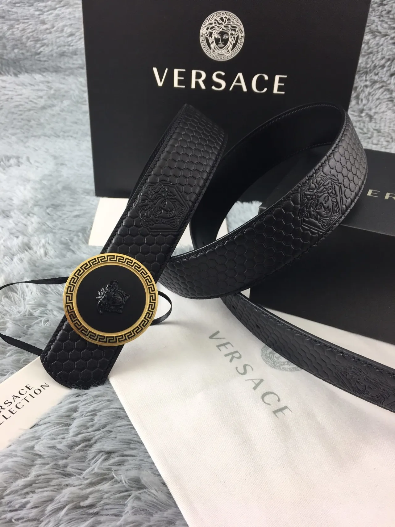 Versace Greca Odissea Black Hexagonal Embossed Leather Belt 5