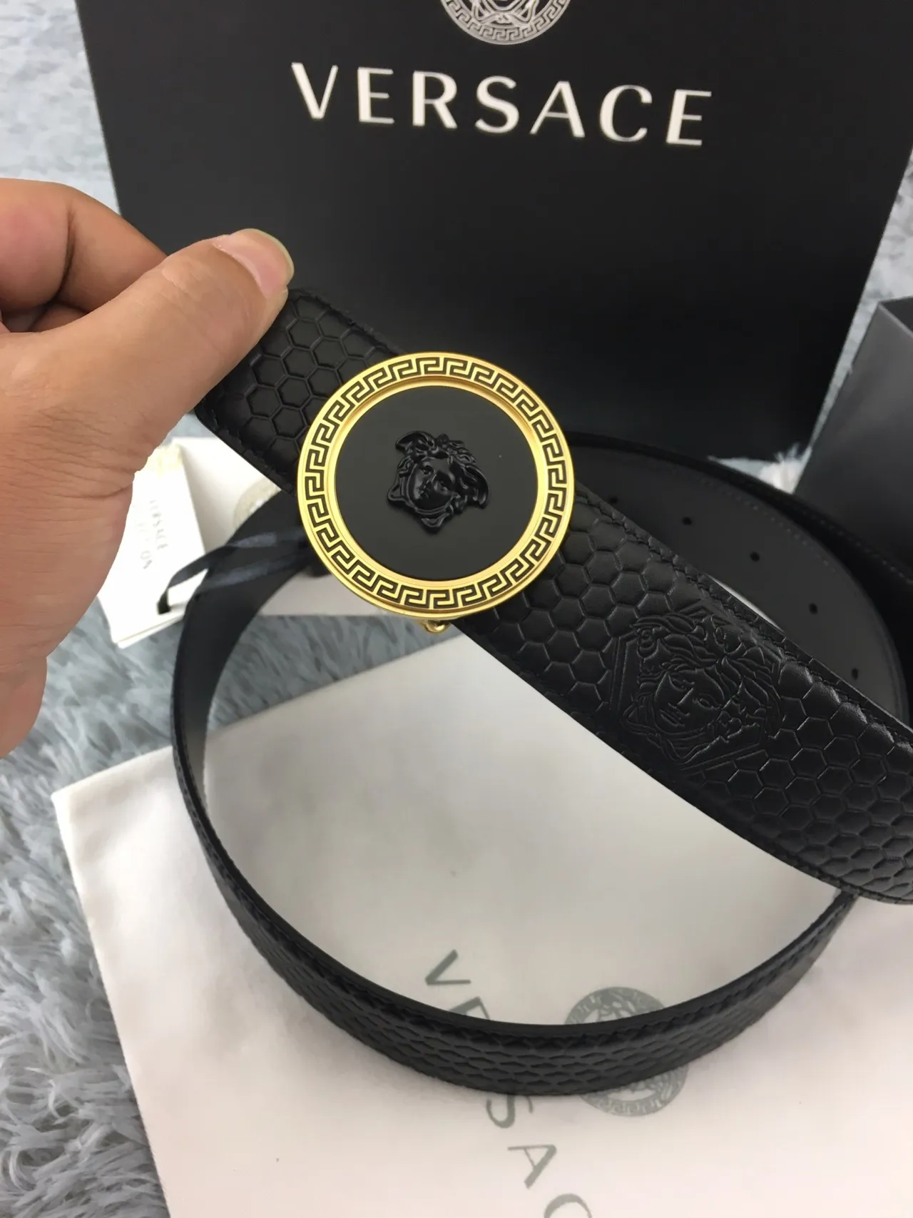 Versace Greca Odissea Black Hexagonal Embossed Leather Belt 6