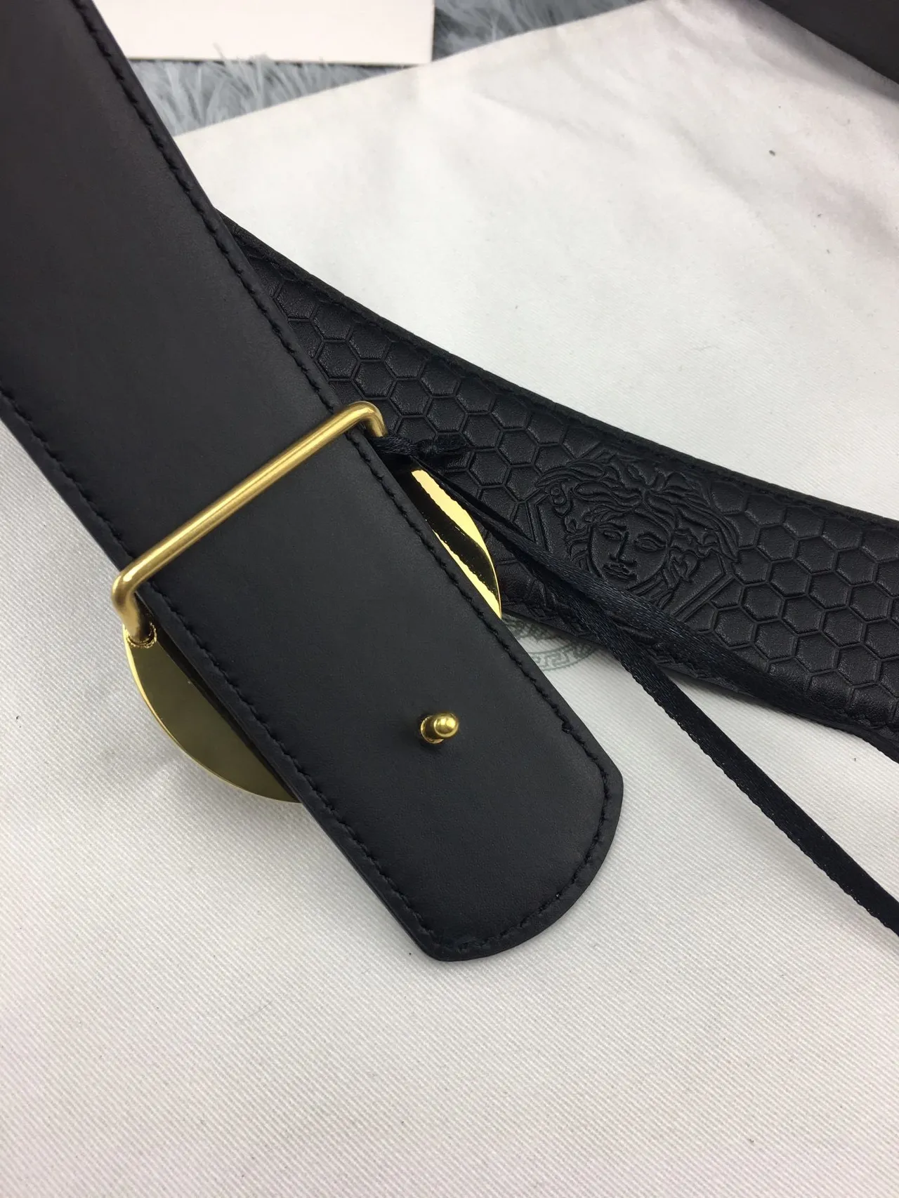 Versace Greca Odissea Black Hexagonal Embossed Leather Belt 7