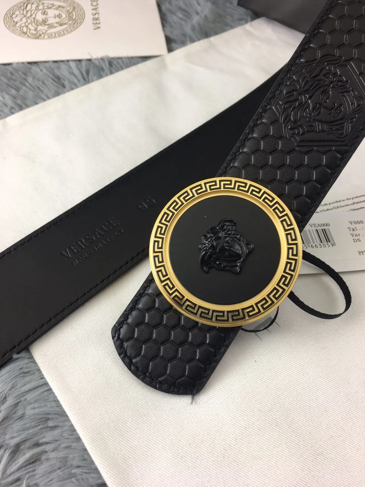 Versace Greca Odissea Black Hexagonal Embossed Leather Belt 8