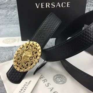 Versace Medusa काला छह कोनों का एम्बॉस्ड चमड़े का बेल्ट