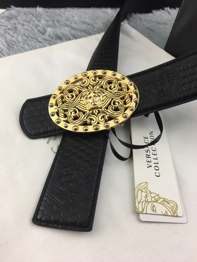 Versace Medusa Belt Black Hexagonal Embossed Leather Belt 7