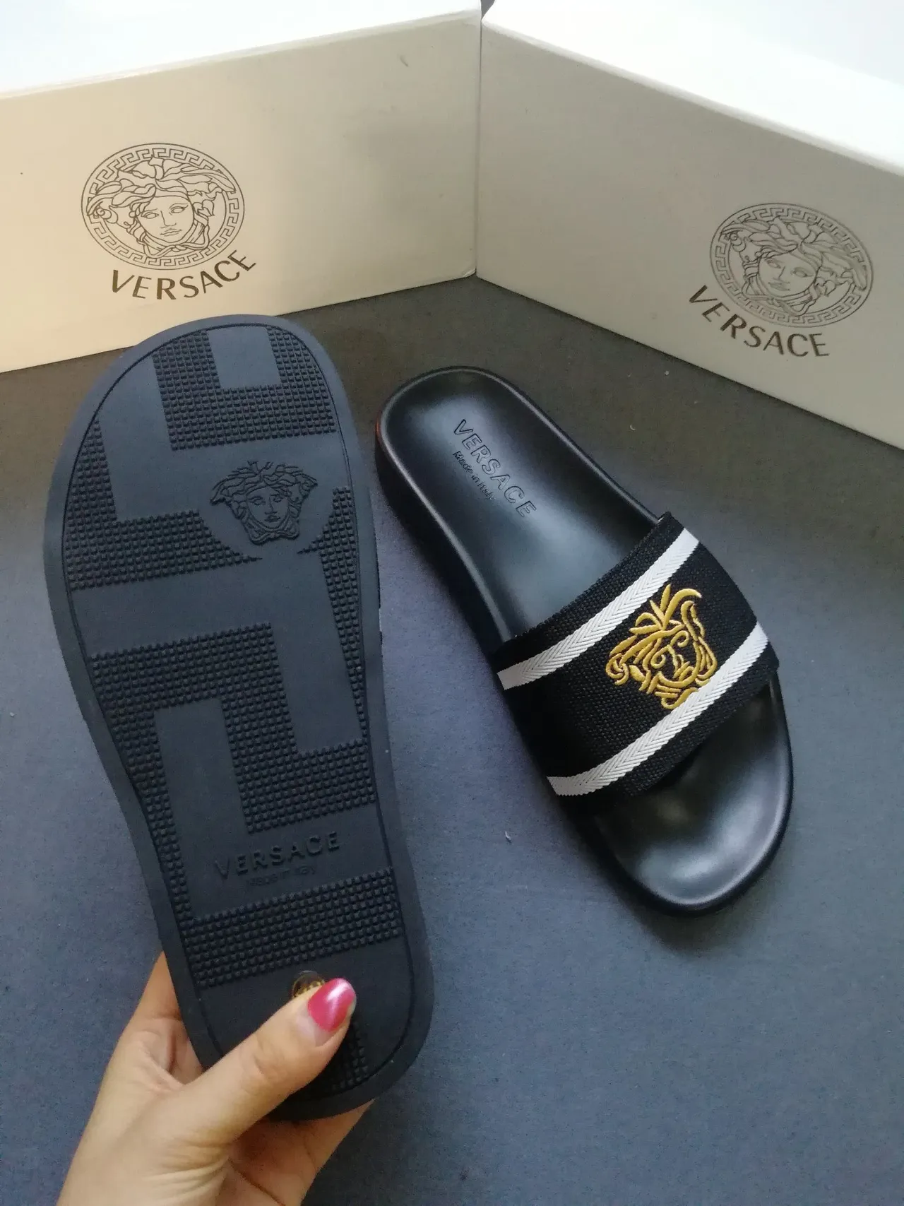 Versace Medusa Embroidered Stripe Slippers 2