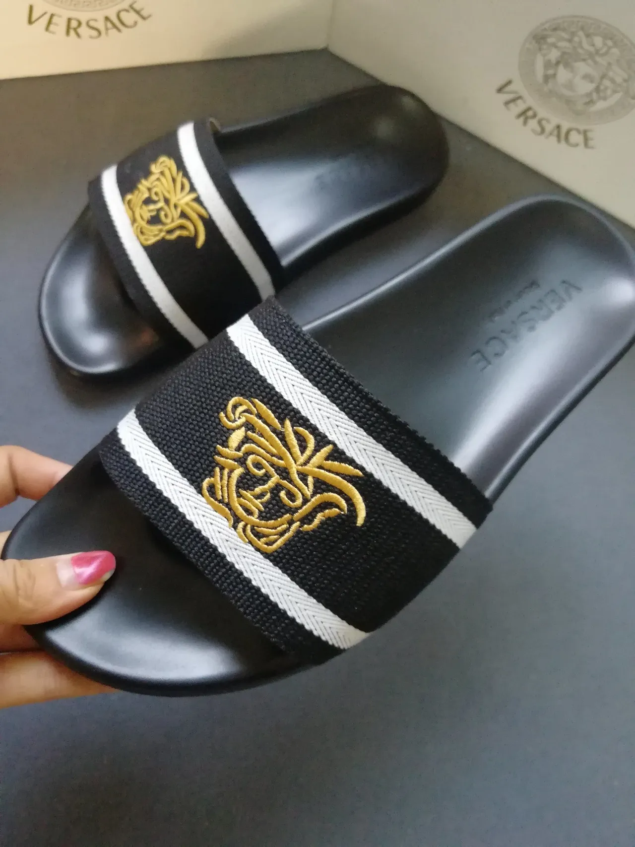 Versace Medusa Embroidered Stripe Slippers 3