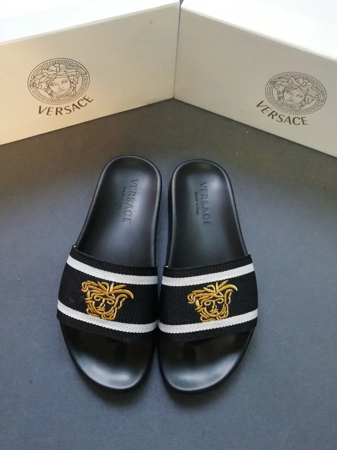 Versace Medusa Embroidered Stripe Slippers 4
