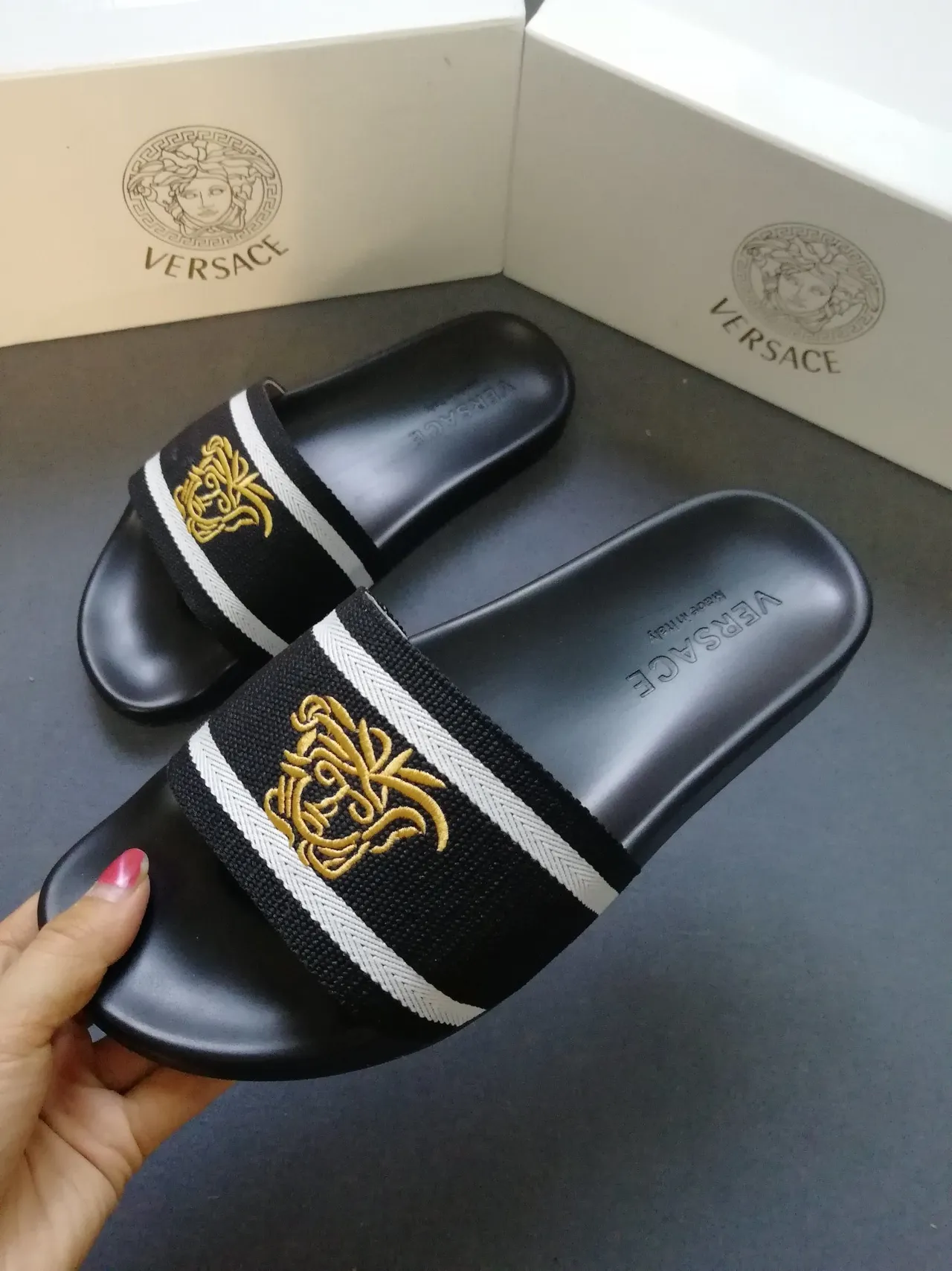 Versace Medusa Embroidered Stripe Slippers 5