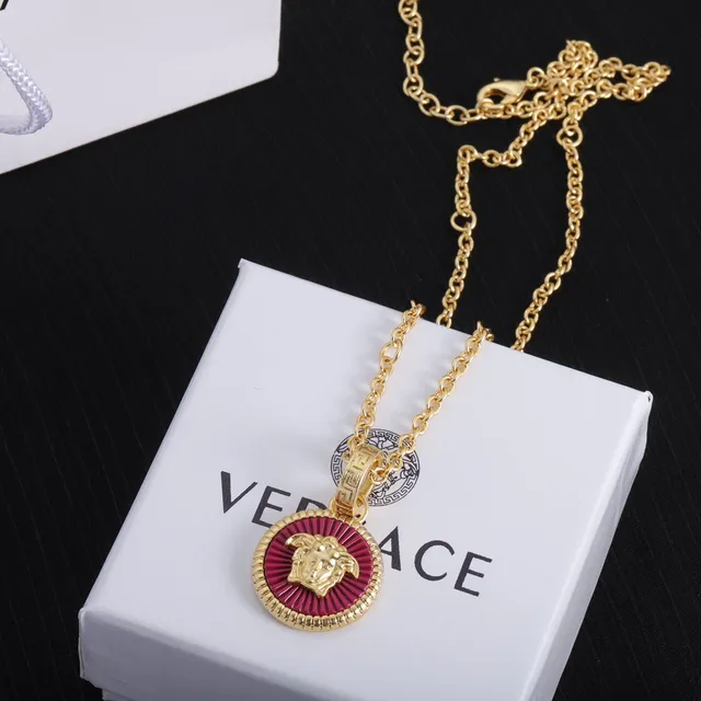 Versace Medusa Esmaltado Colar Dourado Vermelho Corrente Medalhão Colar 4