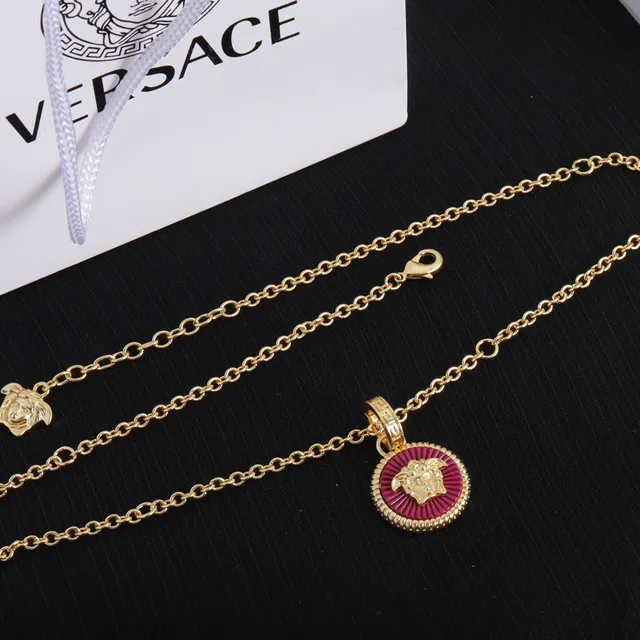 Versace Medusa Esmaltado Colar Dourado Vermelho Corrente Medalhão Colar 5
