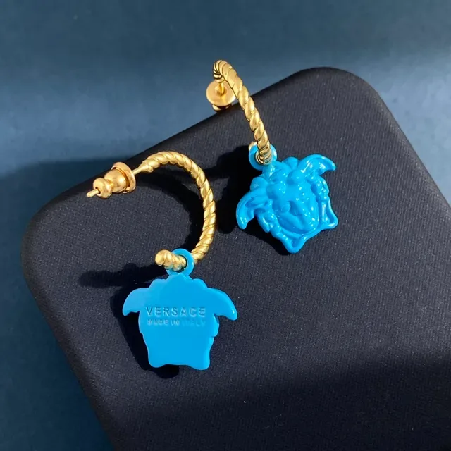 Boucles d'oreilles Versace Medusa Head Bleu Orange Corde Torsadée Anneaux avec Charms Pendents 5
