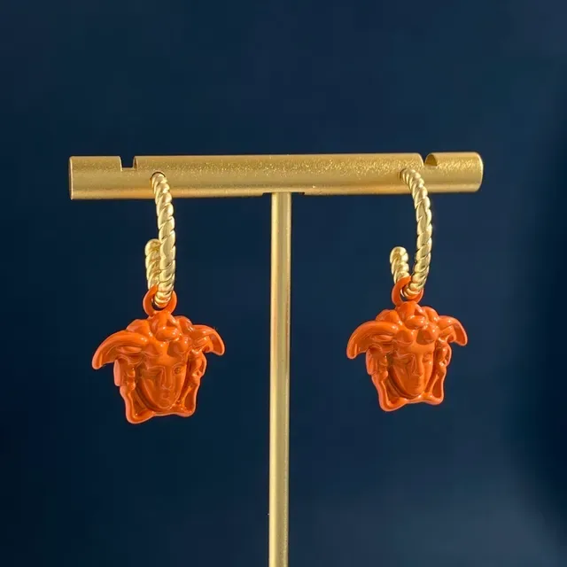 Boucles d'oreilles Versace Medusa Head Bleu Orange Corde Torsadée Anneaux avec Charms Pendents 6