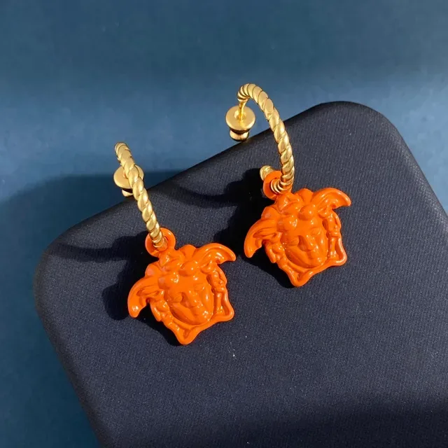 Boucles d'oreilles Versace Medusa Head Bleu Orange Corde Torsadée Anneaux avec Charms Pendents 8