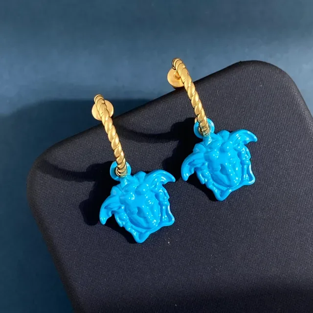Boucles d'oreilles Versace Medusa Head Bleu Orange Corde Torsadée Anneaux avec Charms Pendents 9