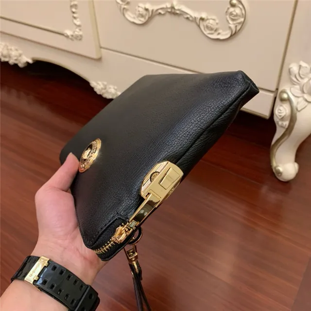 Versace Medusa Medallion Black Gold Textured Leather Wristlet 6