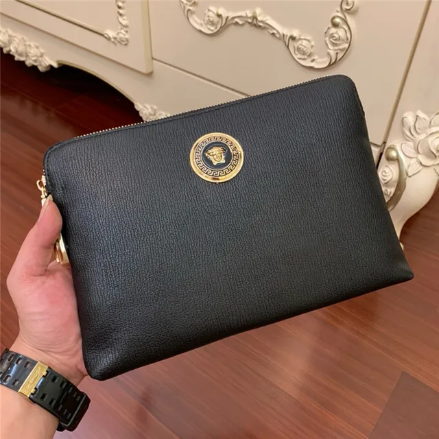 Versace Medusa Medallion Black Gold Textured Leather Wristlet 8