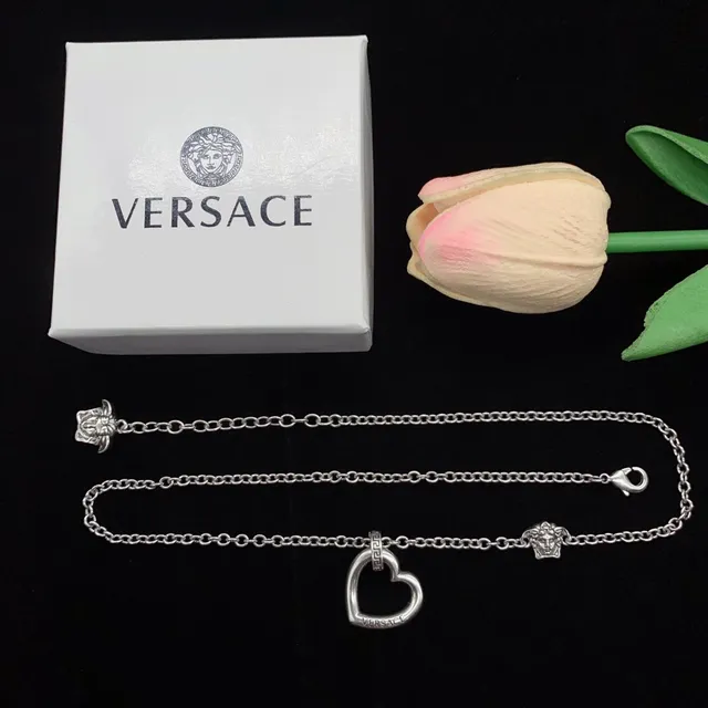 Versace Odissea Pendentif Argent Or en Forme de Cœur Ouvert Borde de Clé Grecque Collier 4