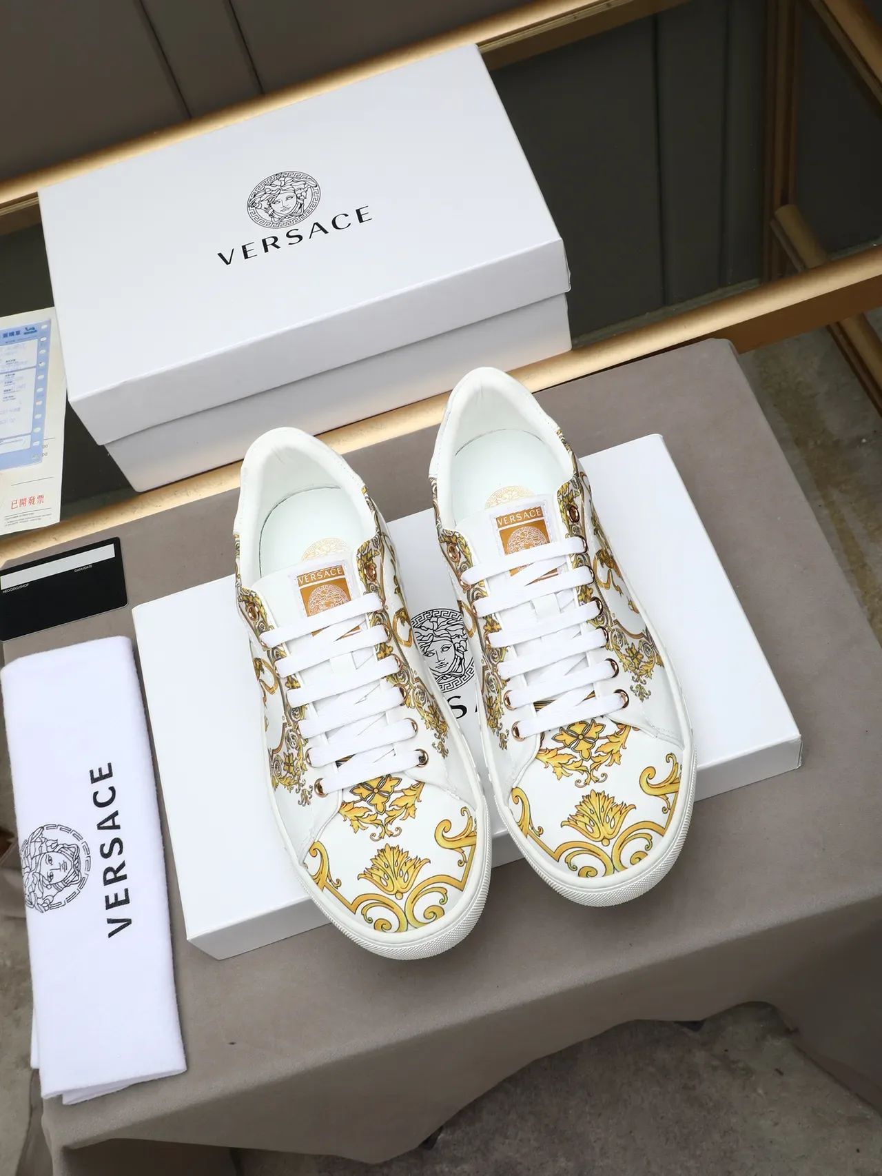 Versace White Gold Printed Canvas Upper Greca-Patterned Midsole Lifestyle Sneakers 2