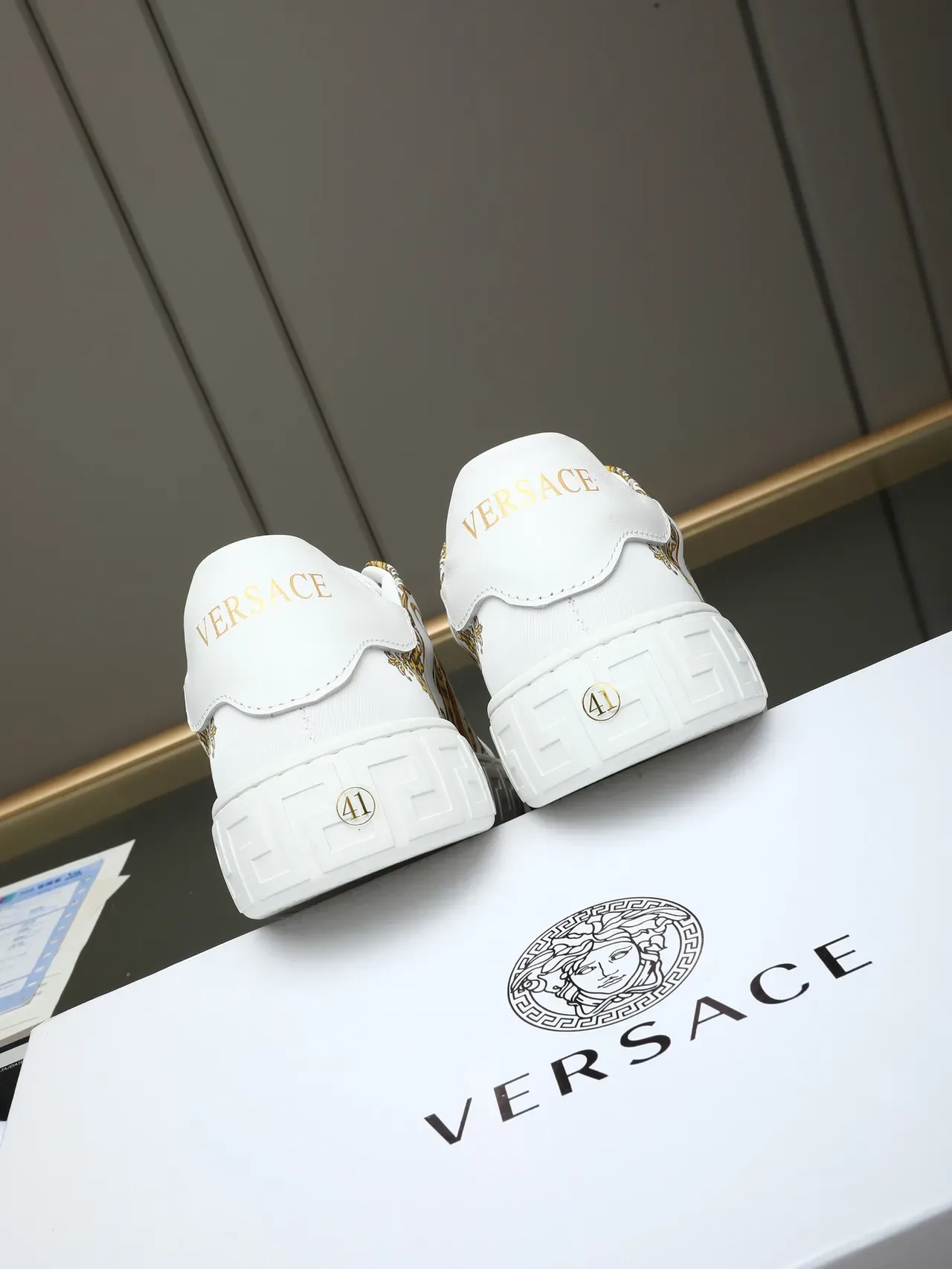 Versace White Gold Printed Canvas Upper Greca-Patterned Midsole Lifestyle Sneakers 3