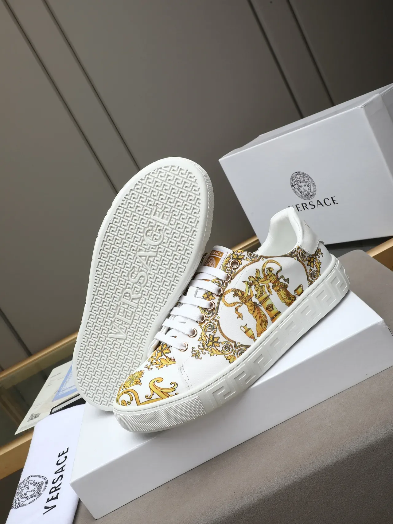 Versace White Gold Printed Canvas Upper Greca-Patterned Midsole Lifestyle Sneakers 4