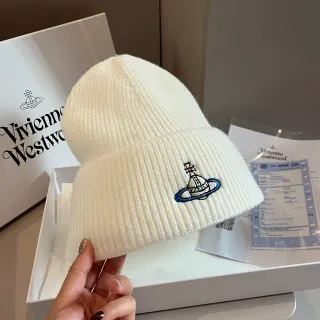 Vivienne Westwood Orb Beige Blue Ribbed Knit Folded Cuff Beanie