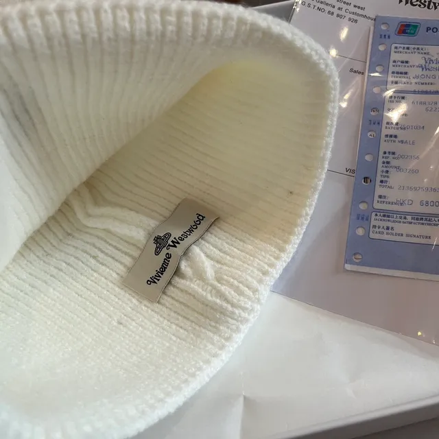 Vivienne Westwood Orb Beige Blue Ribbed Knit Folded Cuff Beanie 3