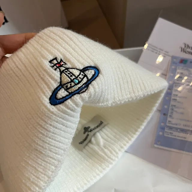 Vivienne Westwood Orb Beige Blue Ribbed Knit Folded Cuff Beanie 4