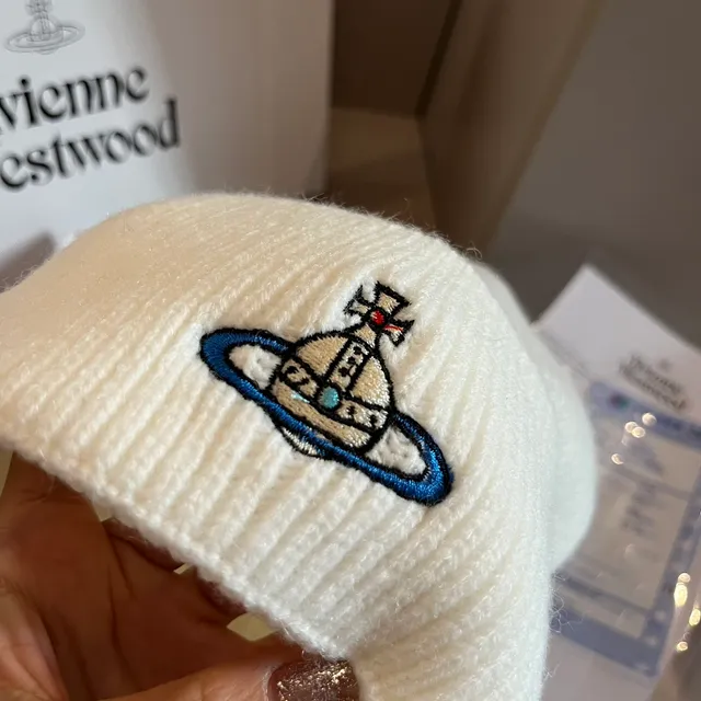 Vivienne Westwood Orb Beige Blue Ribbed Knit Folded Cuff Beanie 5