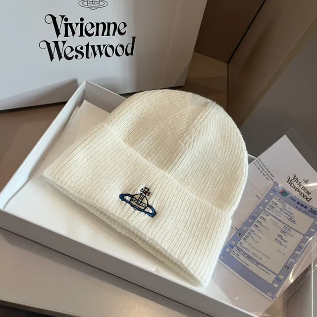 Vivienne Westwood Orb Beige Blue Ribbed Knit Folded Cuff Beanie 6