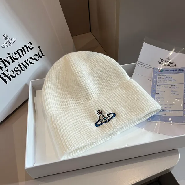 Vivienne Westwood Orb Beige Blue Ribbed Knit Folded Cuff Beanie 7