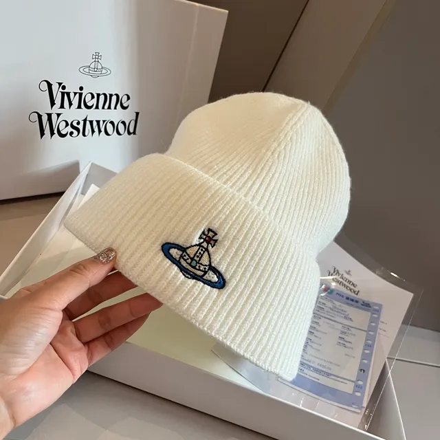 Vivienne Westwood Orb Beige Blue Ribbed Knit Folded Cuff Beanie 8