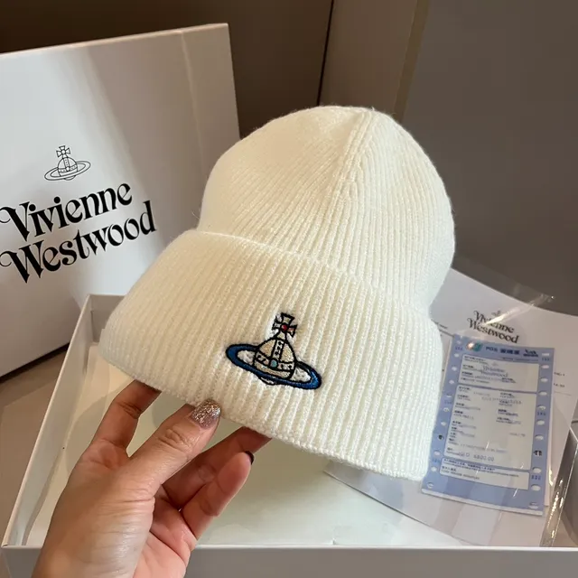 Vivienne Westwood Orb Beige Blue Ribbed Knit Folded Cuff Beanie 9