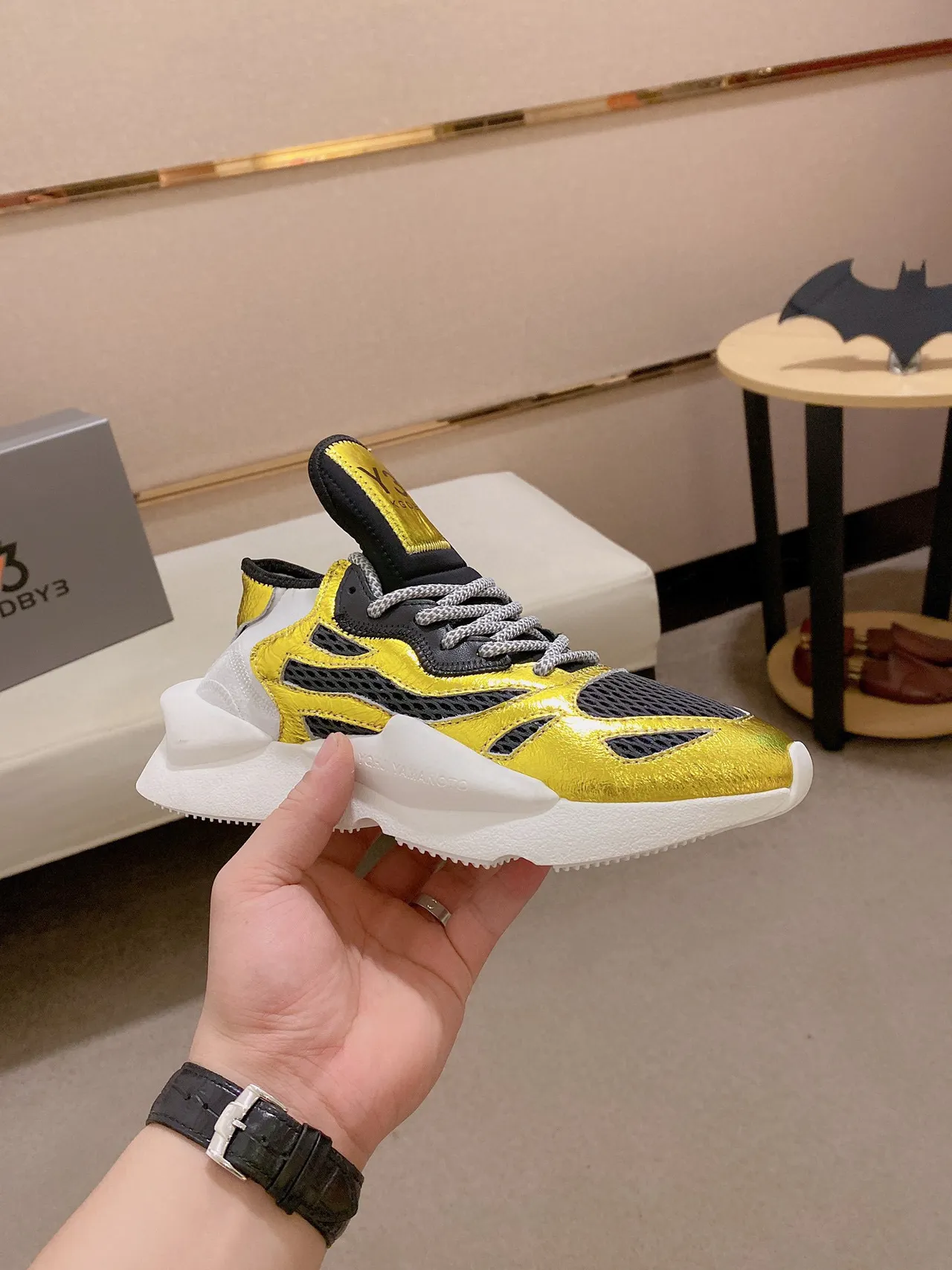 Y-3 Dourado Preto Metálico Couro Malha Sobreposição Estilo de Vida Tênis 7