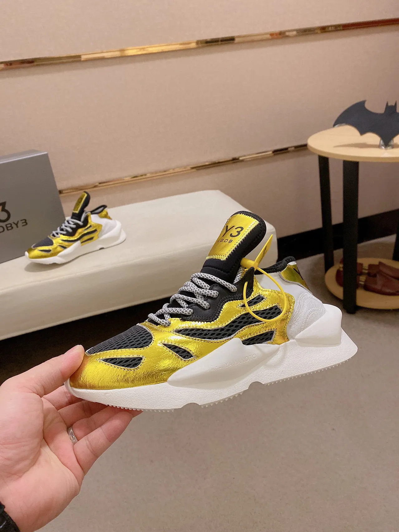Y-3 Dourado Preto Metálico Couro Malha Sobreposição Estilo de Vida Tênis 8