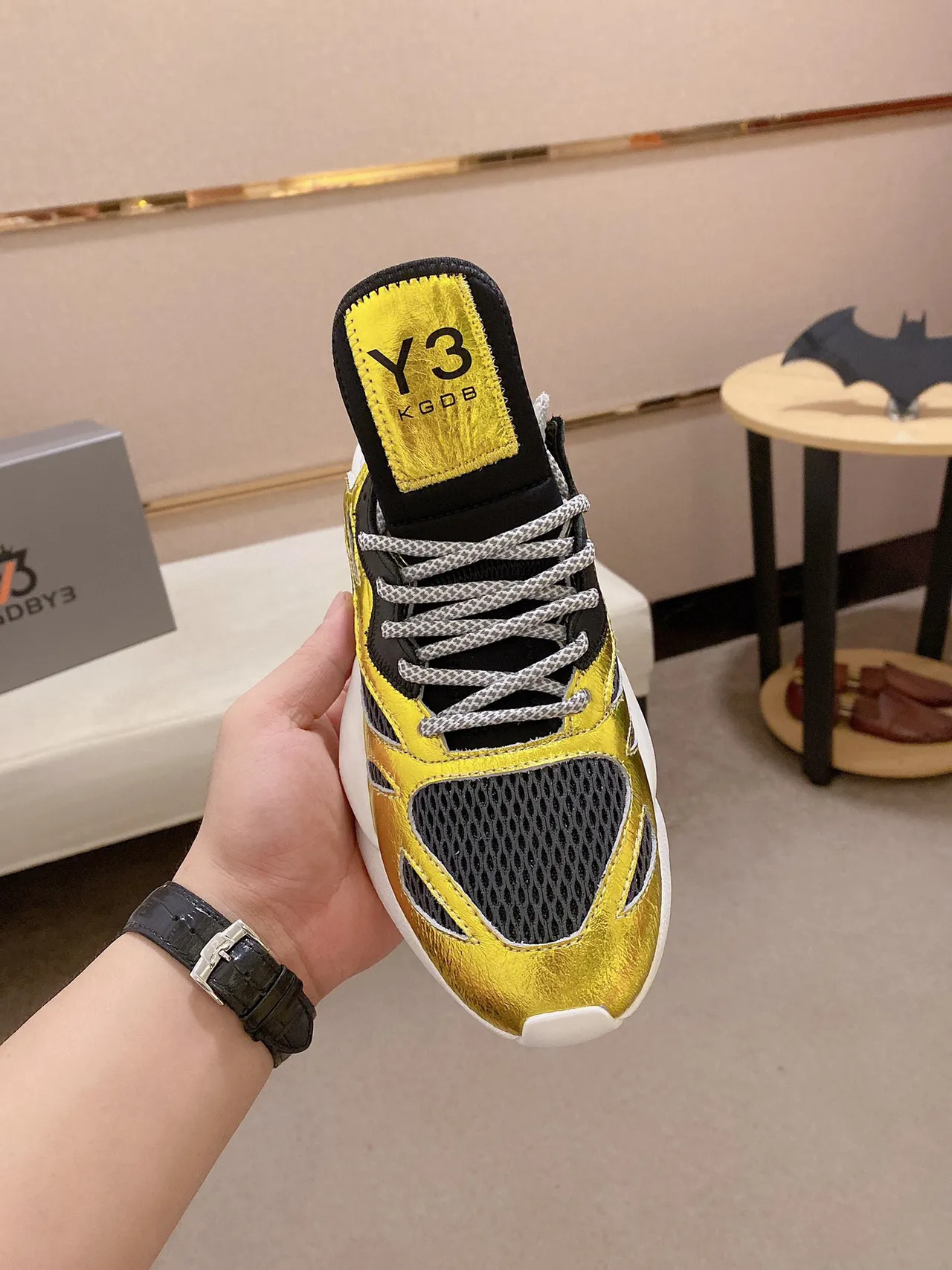 Y-3 Dourado Preto Metálico Couro Malha Sobreposição Estilo de Vida Tênis 9