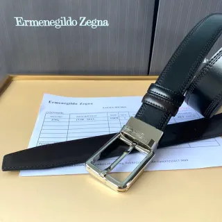 Zegna 黑色银 全粒面 双针脚 保持皮革腰带