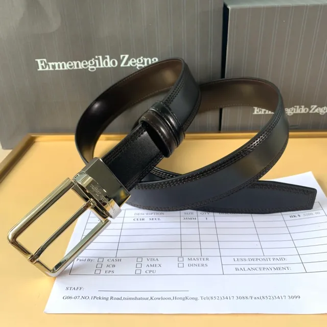 Zegna أسود فضي جلد كامل الحبوب مخيط بالخيط المزدوج حافظ حزام جلد 3