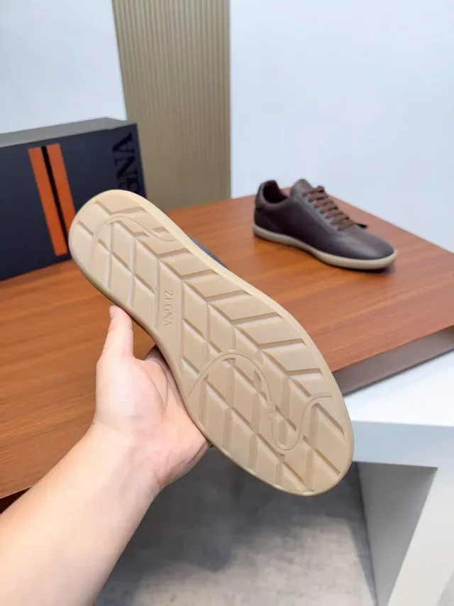 Zegna Sneakers Lifestyle Cuir Marron Pebbled Low-Top 2